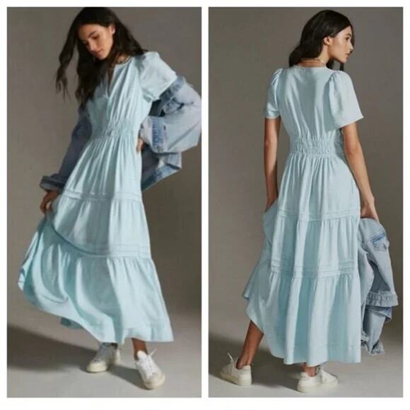Anthropologie Dresses & Skirts - Anthropologie Dress Womens Small Somerset Maxi Linen Blend Light Sky Blue Tiered